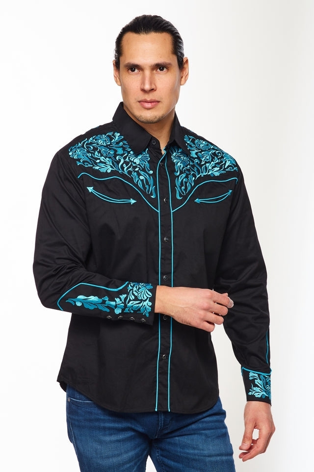 NFR Qualifier Men's Western Embroidery Cowboy Outfit Shirt in Black and Turquoise by Rodeo Clothing in Size M, L, XL, or XXL