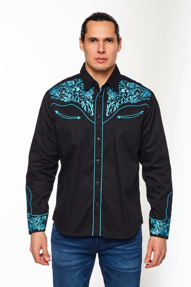 NFR Qualifier Men's Western Embroidery Cowboy Outfit Shirt in Black and Turquoise by Rodeo Clothing in Size M, L, XL, or XXL