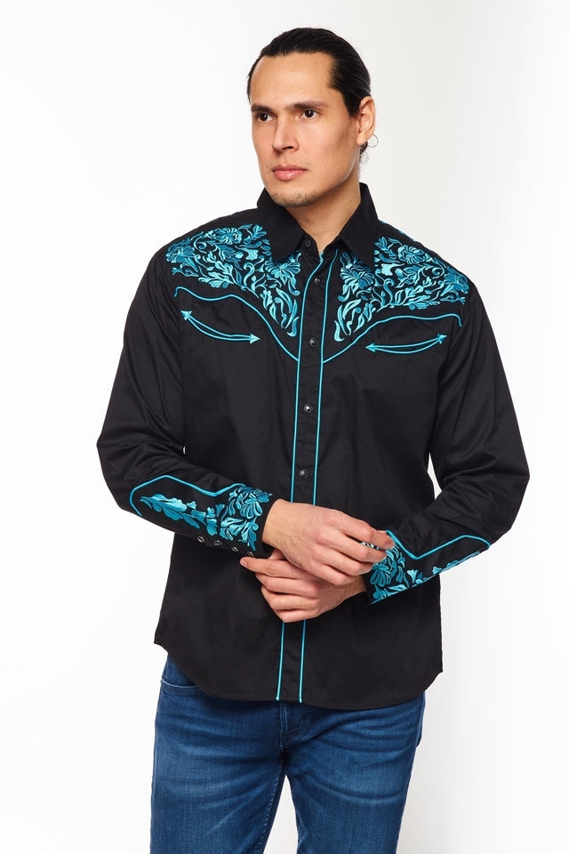 NFR Qualifier Men's Western Embroidery Cowboy Outfit Shirt in Black and Turquoise by Rodeo Clothing in Size M, L, XL, or XXL