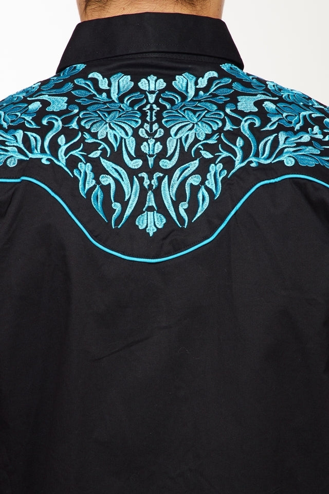 NFR Qualifier Men's Western Embroidery Cowboy Outfit Shirt in Black and Turquoise by Rodeo Clothing in Size M, L, XL, or XXL