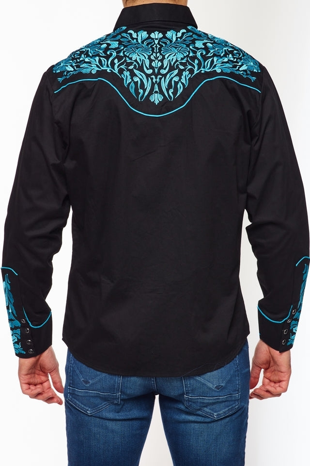 NFR Qualifier Men's Western Embroidery Cowboy Outfit Shirt in Black and Turquoise by Rodeo Clothing in Size M, L, XL, or XXL