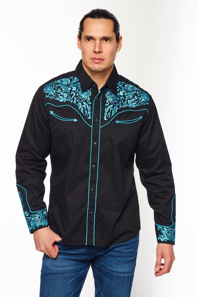 NFR Qualifier Men's Western Embroidery Cowboy Outfit Shirt in Black and Turquoise by Rodeo Clothing in Size M, L, XL, or XXL