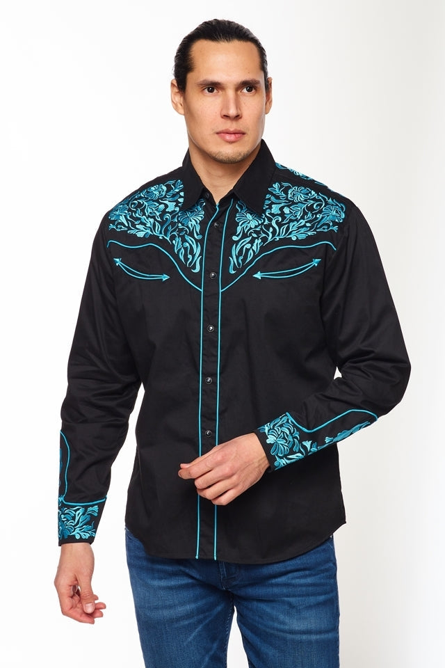 NFR Qualifier Men's Western Embroidery Cowboy Outfit Shirt in Black and Turquoise by Rodeo Clothing in Size M, L, XL, or XXL