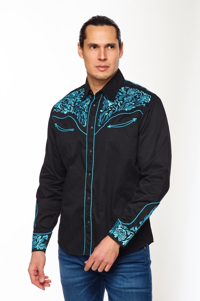 NFR Qualifier Men's Western Embroidery Cowboy Outfit Shirt in Black and Turquoise by Rodeo Clothing in Size M, L, XL, or XXL