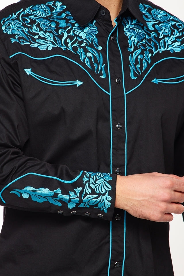 NFR Qualifier Men's Western Embroidery Cowboy Outfit Shirt in Black and Turquoise by Rodeo Clothing in Size M, L, XL, or XXL