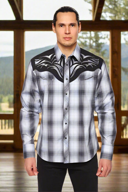 Saddle Bronc Rider Western Embroidery Cowboy Shirt by Rodeo Clothing in Grey Plaid in Size S, M, L, XL, or XXL