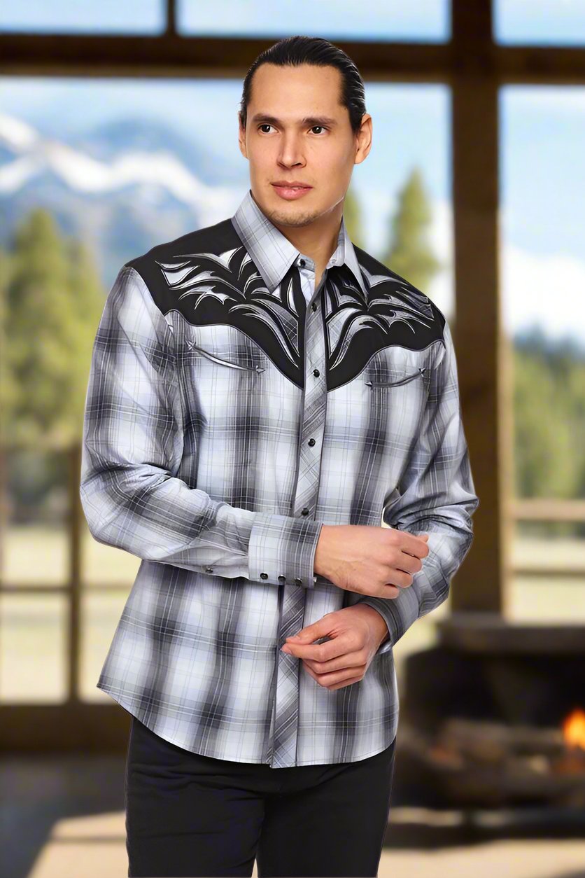 Saddle Bronc Rider Western Embroidery Cowboy Shirt by Rodeo Clothing in Grey Plaid in Size S, M, L, XL, or XXL