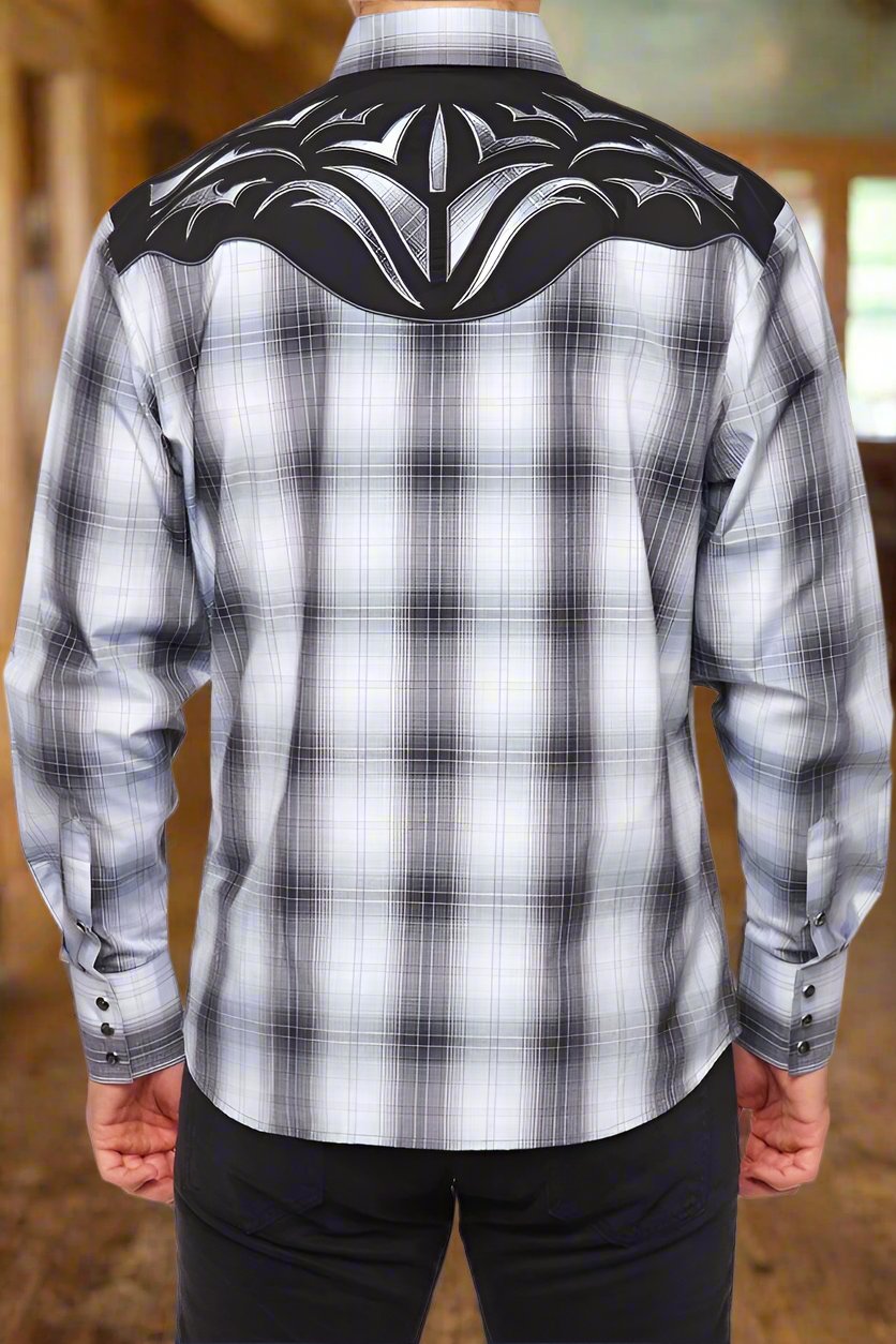 Saddle Bronc Rider Western Embroidery Cowboy Shirt by Rodeo Clothing in Grey Plaid in Size S, M, L, XL, or XXL