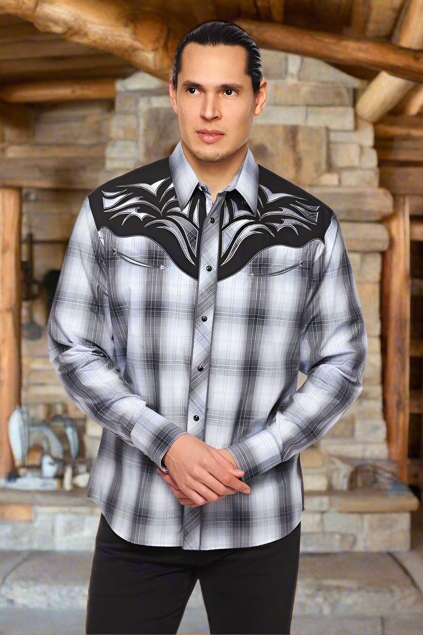 Saddle Bronc Rider Western Embroidery Cowboy Shirt by Rodeo Clothing in Grey Plaid in Size S, M, L, XL, or XXL