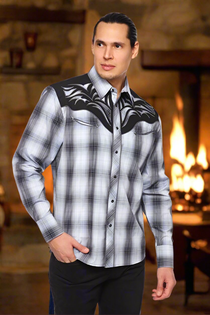 Saddle Bronc Rider Western Embroidery Cowboy Shirt by Rodeo Clothing in Grey Plaid in Size S, M, L, XL, or XXL