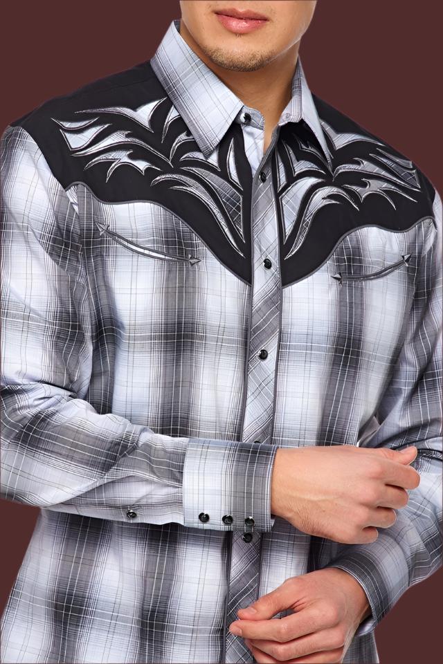 Saddle Bronc Rider Western Embroidery Cowboy Shirt by Rodeo Clothing in Grey Plaid in Size S, M, L, XL, or XXL