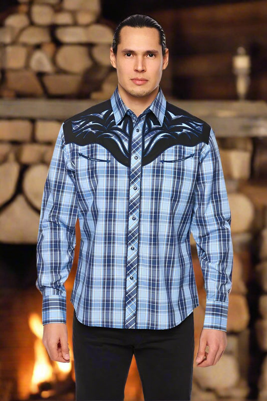 Saddle Bronc Rider Western Embroidery Cowboy Shirt by Rodeo Clothing in Blue Plaid in Size S, M, L, XL, or XXL