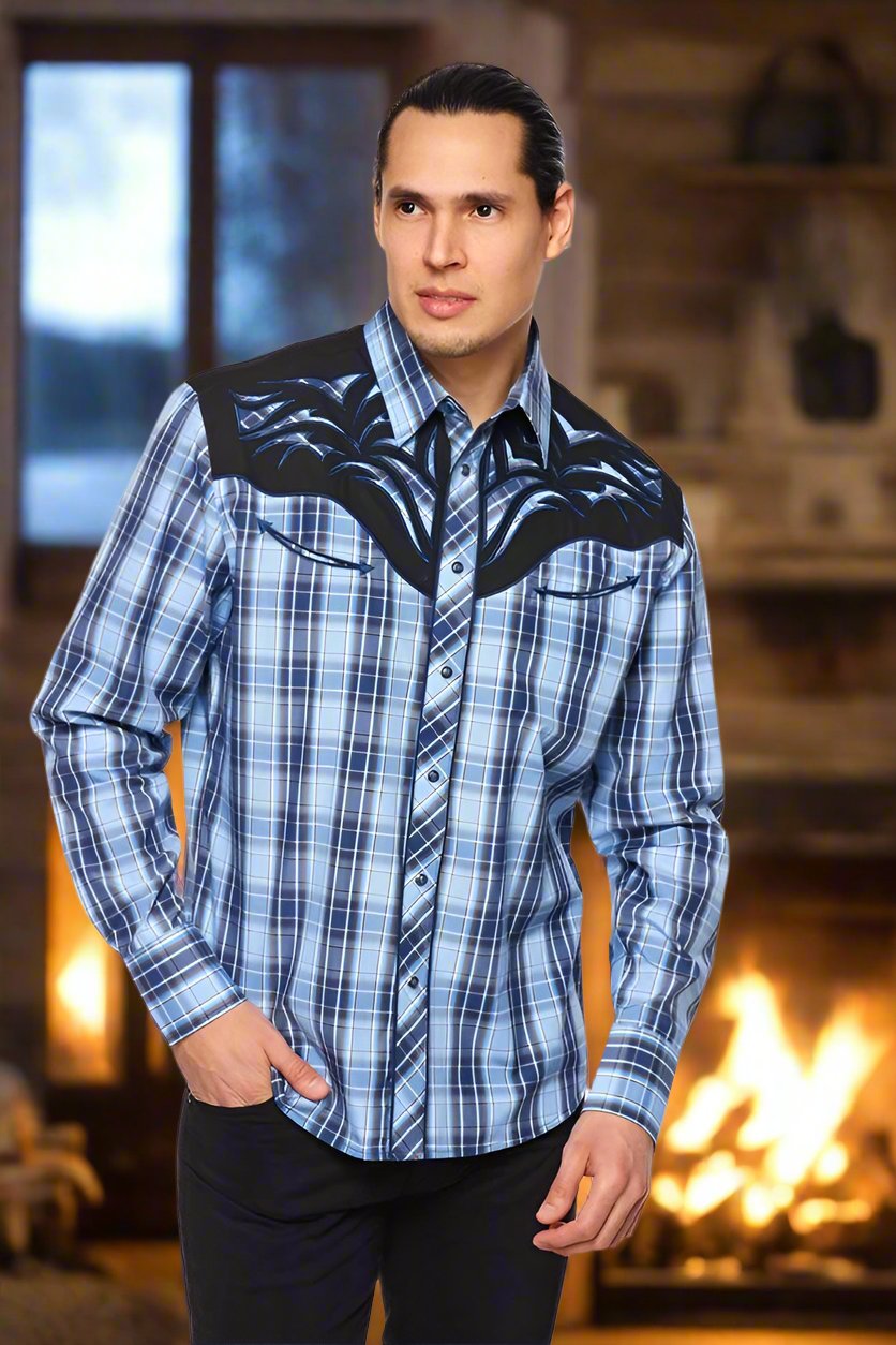 Saddle Bronc Rider Western Embroidery Cowboy Shirt by Rodeo Clothing in Blue Plaid in Size S, M, L, XL, or XXL