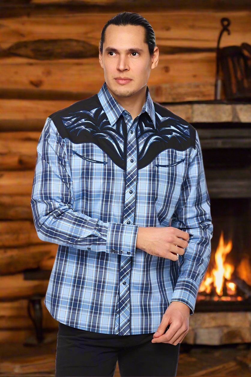 Saddle Bronc Rider Western Embroidery Cowboy Shirt by Rodeo Clothing in Blue Plaid in Size S, M, L, XL, or XXL