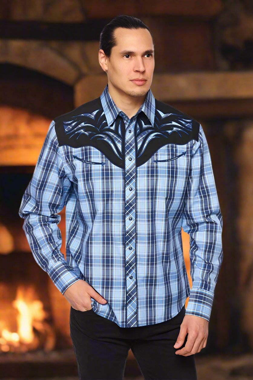 Saddle Bronc Rider Western Embroidery Cowboy Shirt by Rodeo Clothing in Blue Plaid in Size S, M, L, XL, or XXL