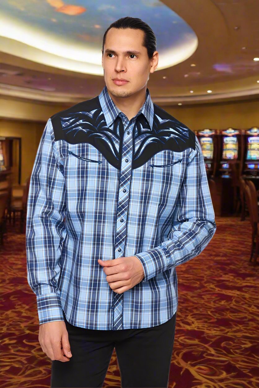 Saddle Bronc Rider Western Embroidery Cowboy Shirt by Rodeo Clothing in Blue Plaid in Size S, M, L, XL, or XXL