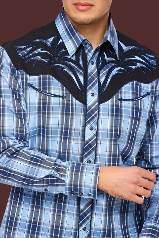 Saddle Bronc Rider Western Embroidery Cowboy Shirt by Rodeo Clothing in Blue Plaid in Size S, M, L, XL, or XXL