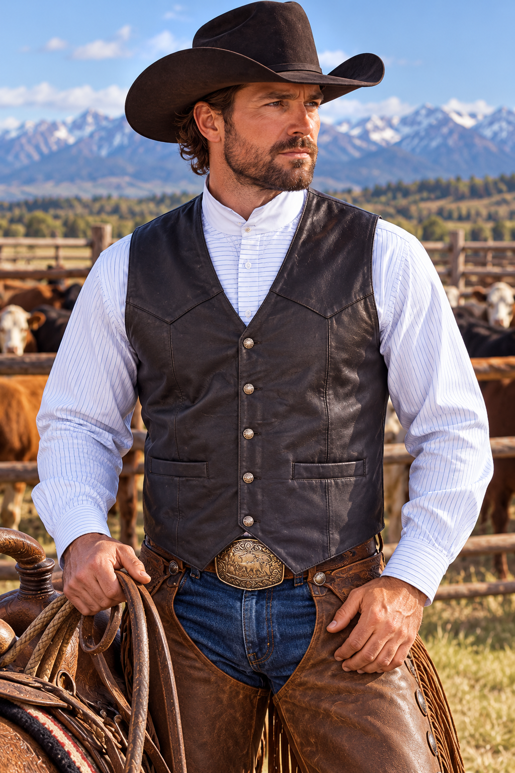 Black Lambskin Classic Western Vest