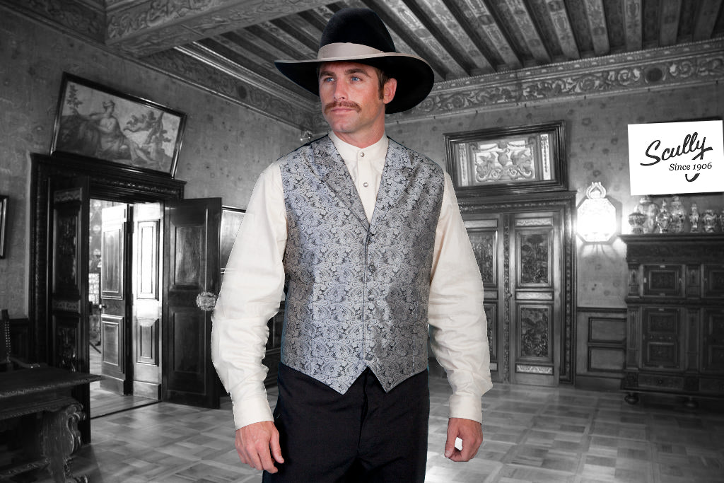 Classic Paisley Grey Vest with Notched Lapels by Scully Rangewear in Size S, M, L, XL, 2X, 3X, 4X, 5X, 6X, Large / Tall, XL / Tall, 2XL / Tall, 3XL / Tall