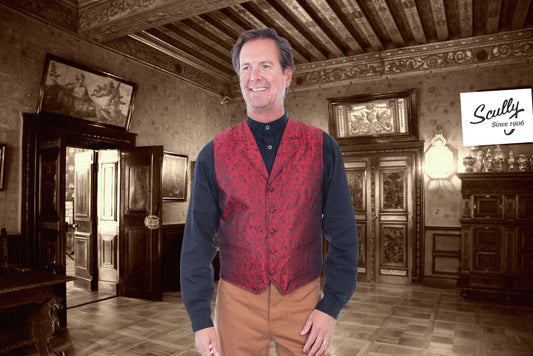 Classic Paisley Red Vest with Notched Lapels by Scully Rangewear in Size S, M, L, XL, 2X, 3X, 4X, Large / Tall, XL / Tall, 2XL / Tall, 3XL / Tall