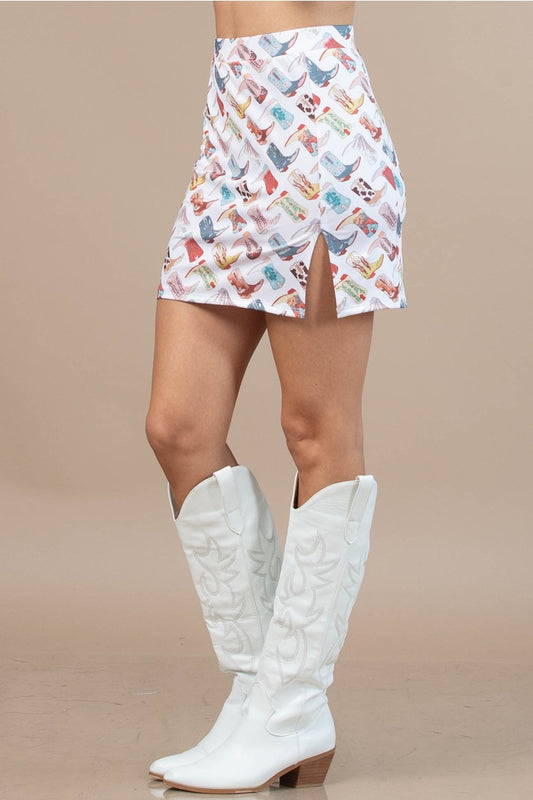 Western Boots High Waist White Print Mini Skirt by Nylon Apparel in Size S, M, or L