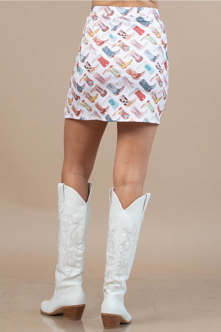 Western Boots High Waist White Print Mini Skirt by Nylon Apparel in Size S, M, or L