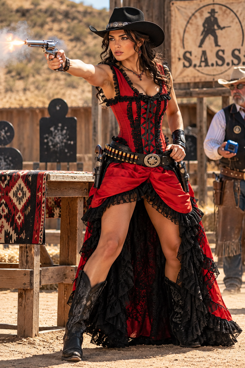 Red and Black Lace Victorian Bustle Corset Dress