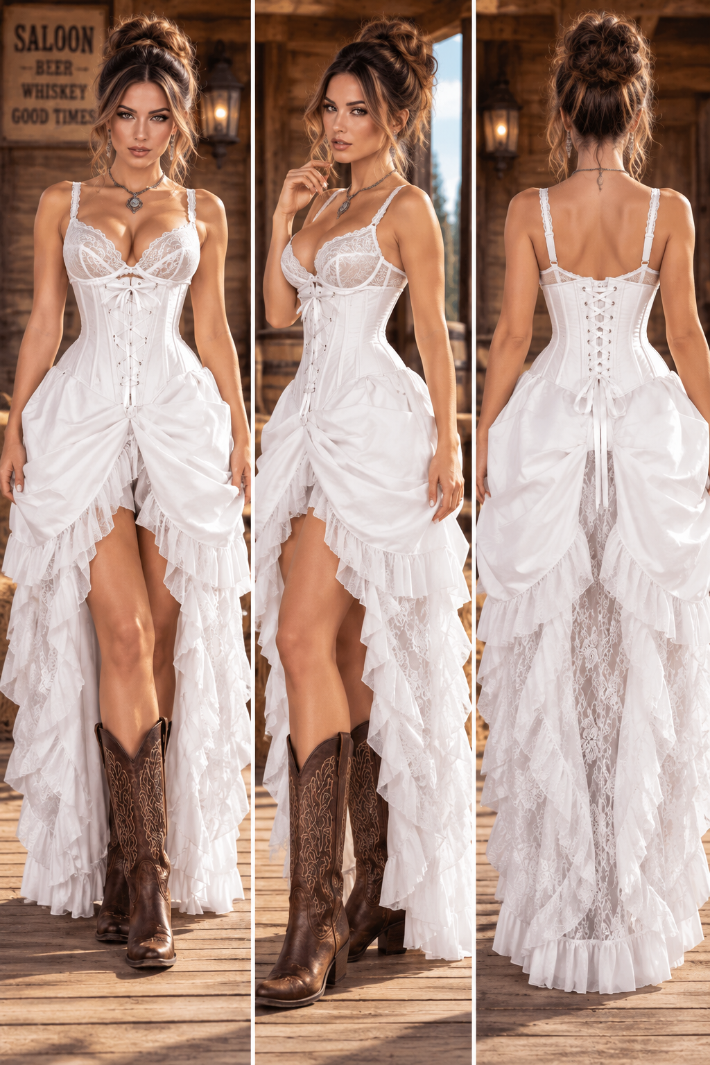White Lace Victorian Bustle Under Bust Corset Dress