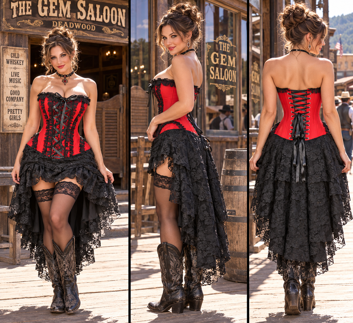 Strapless Red and Black Lace Victorian Over Bust Corset Dress