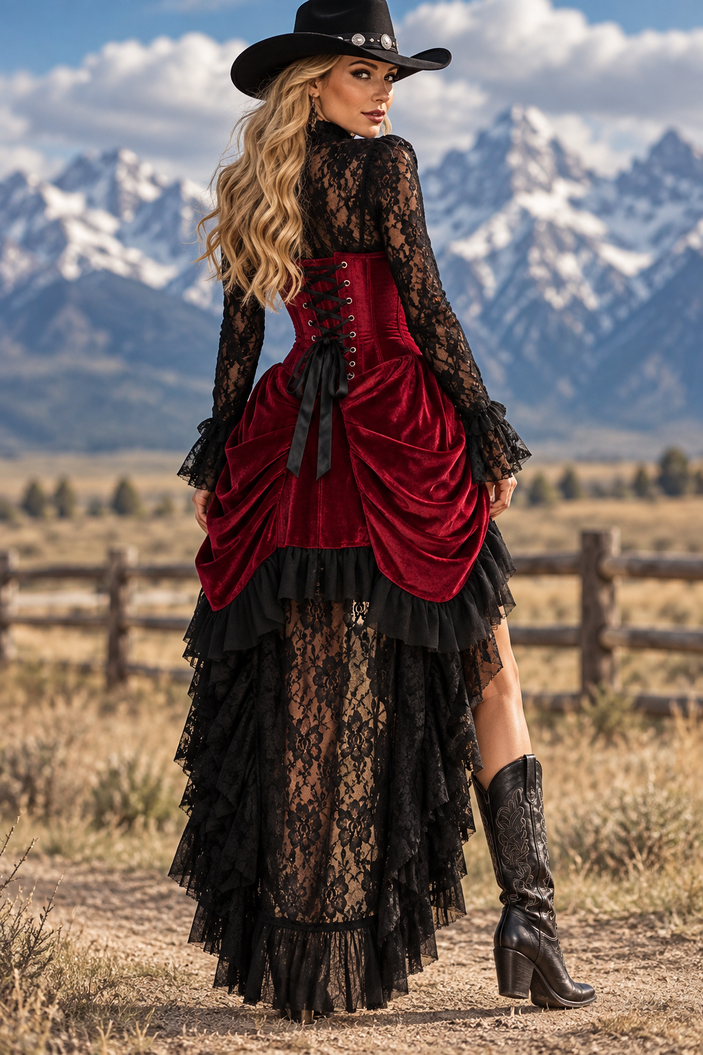 Dark Red Velvet Victorian Bustle Under Bust Corset Dress