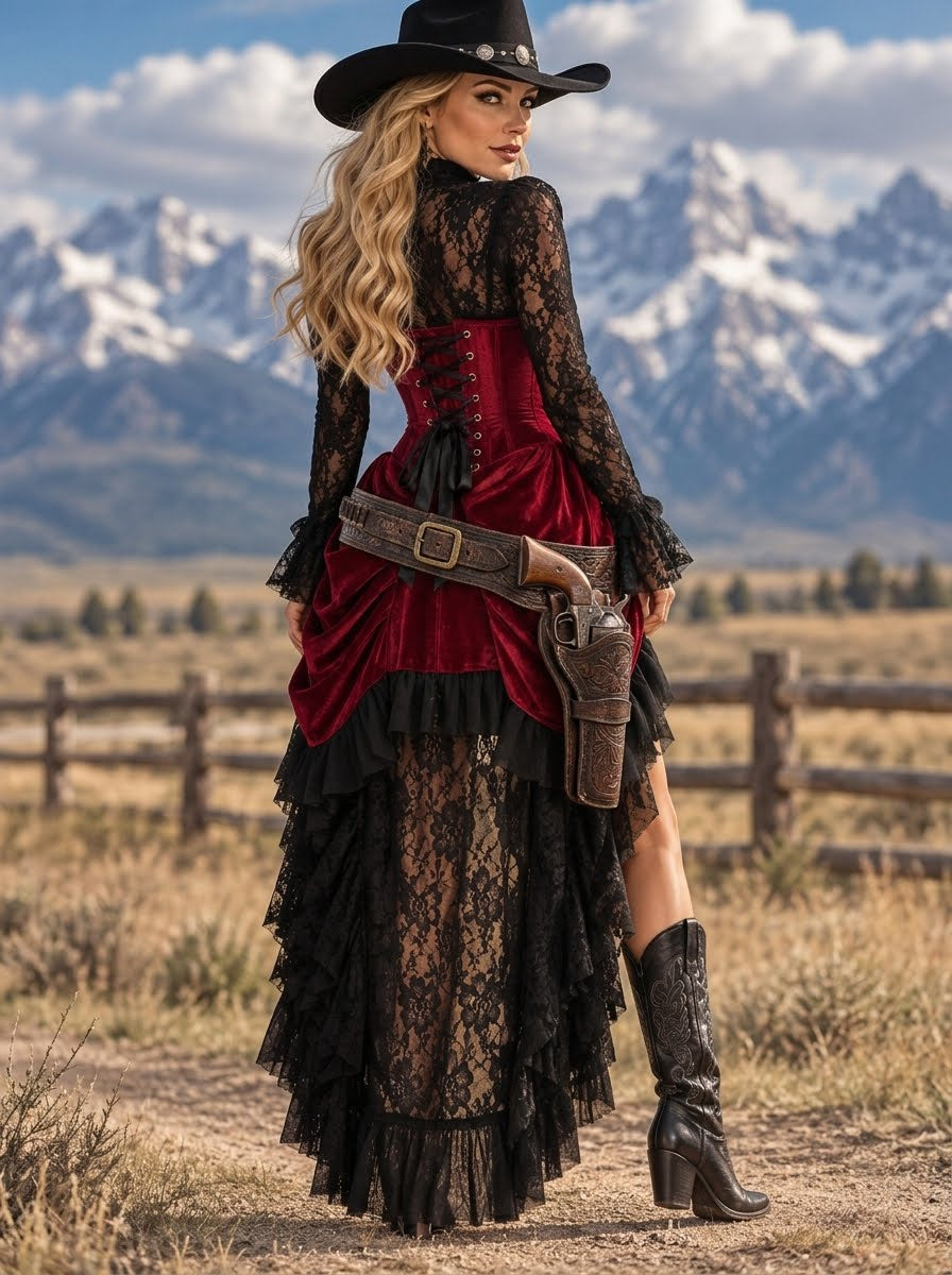 Dark Red Velvet Victorian Bustle Under Bust Corset Dress