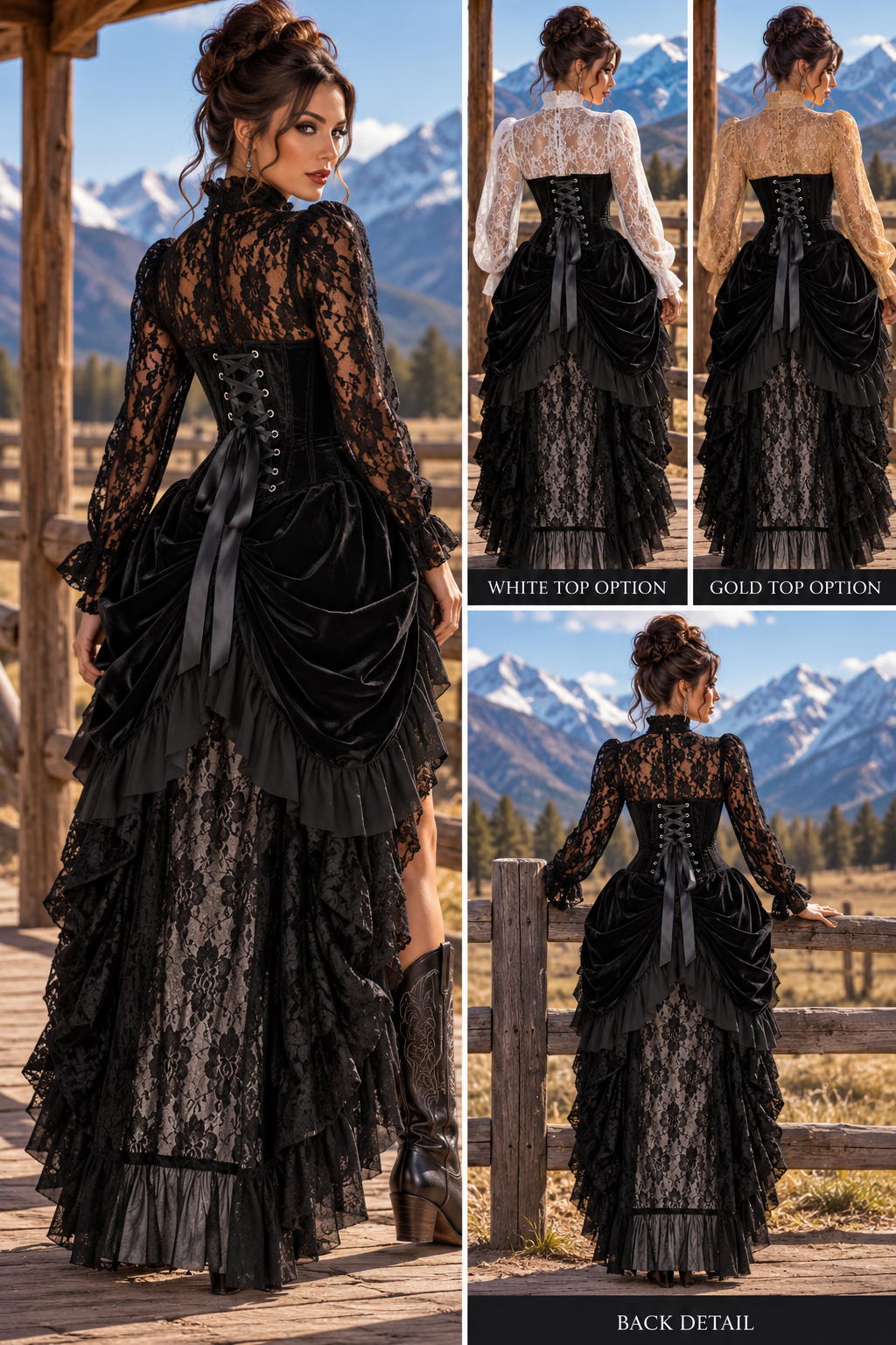 Black Velvet Victorian Bustle Under Bust Corset Dress