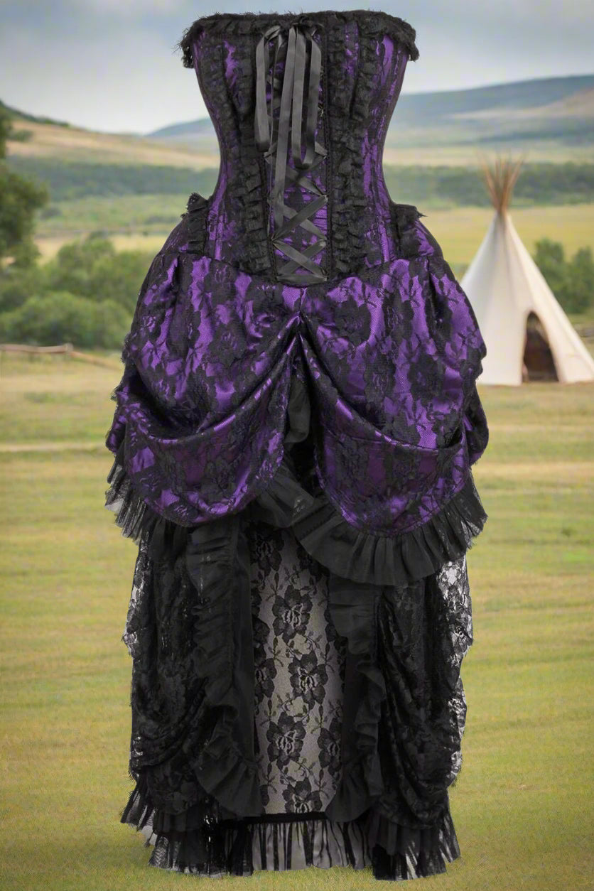 Purple with Black Lace Overlay Bustle Corset Dress