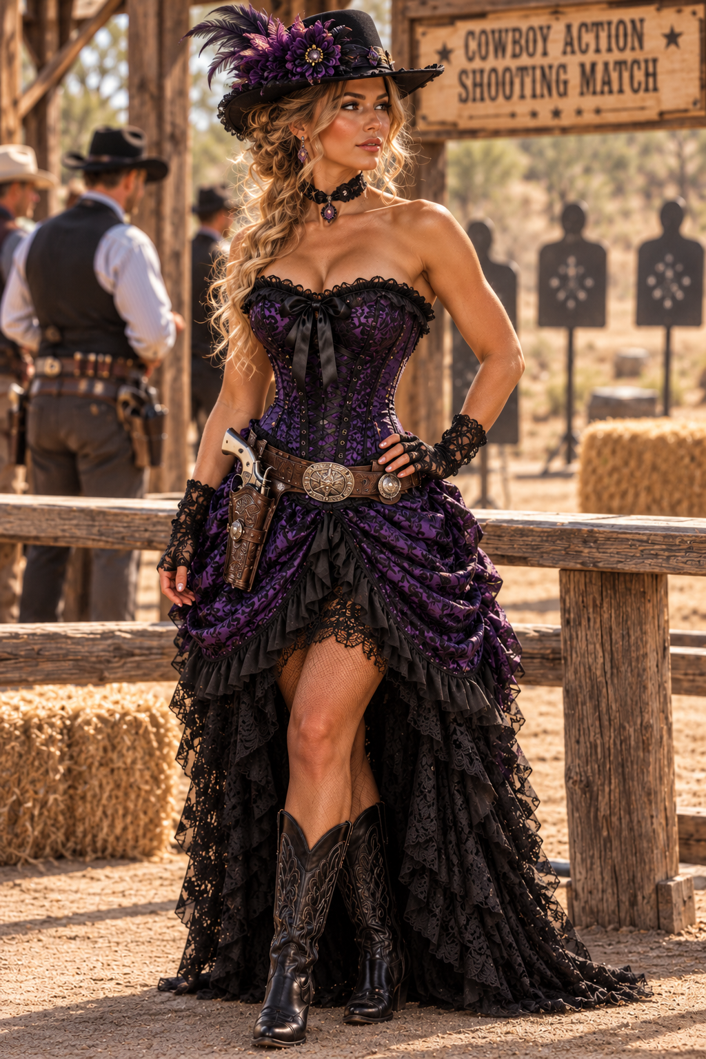 Purple with Black Lace Overlay Bustle Corset Dress