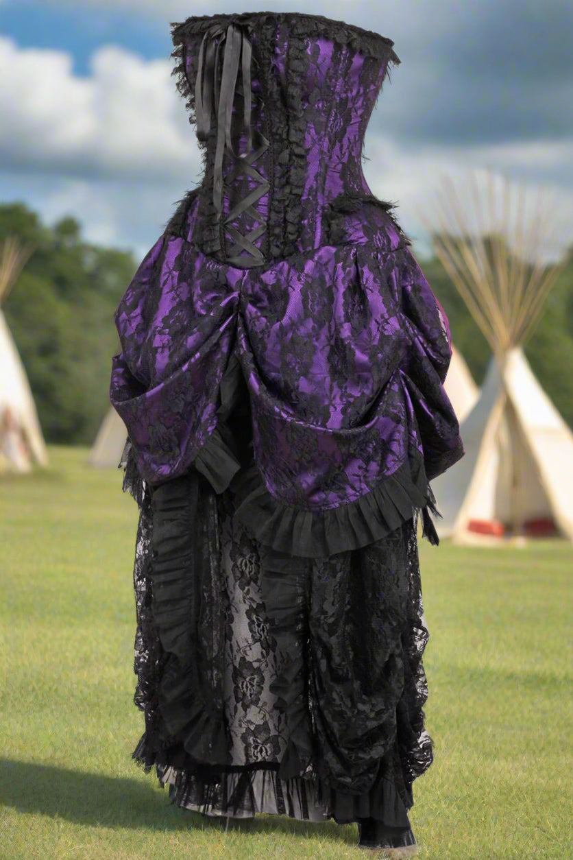 Purple with Black Lace Overlay Bustle Corset Dress