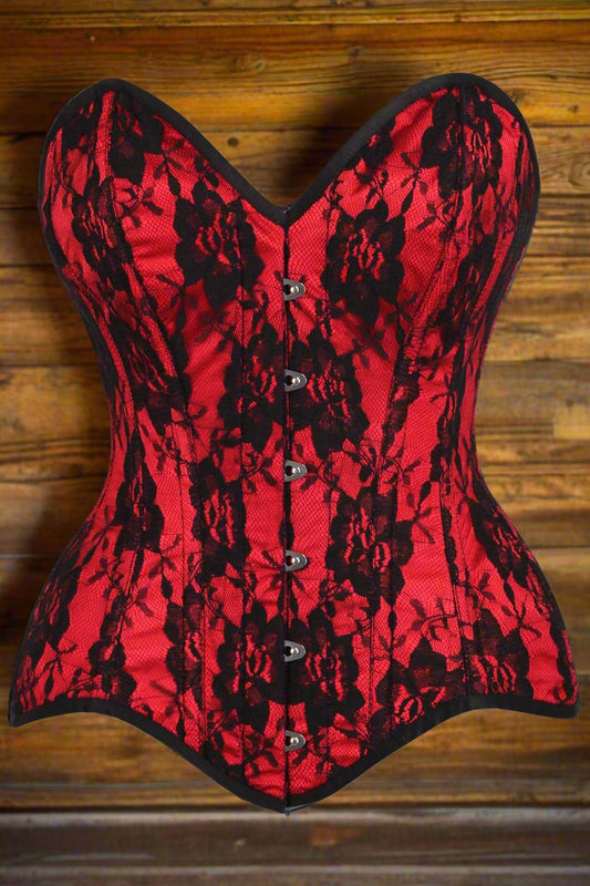 Red Satin with Black Lace Overlay Steel Boned Over Bust Corset