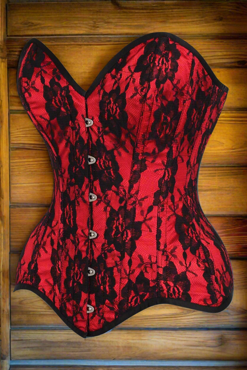 Red Satin with Black Lace Overlay Steel Boned Over Bust Corset