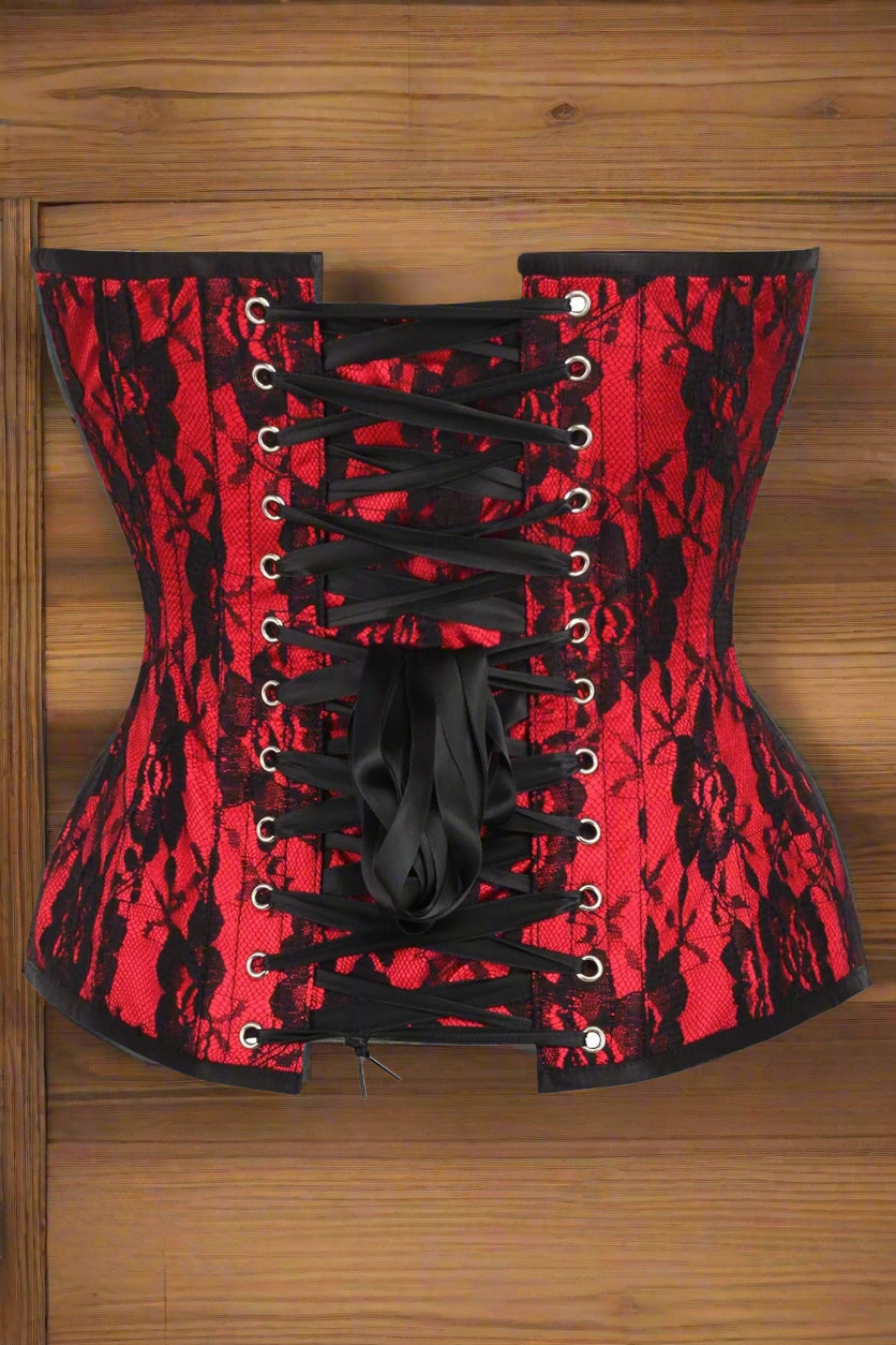 Red Satin with Black Lace Overlay Steel Boned Over Bust Corset