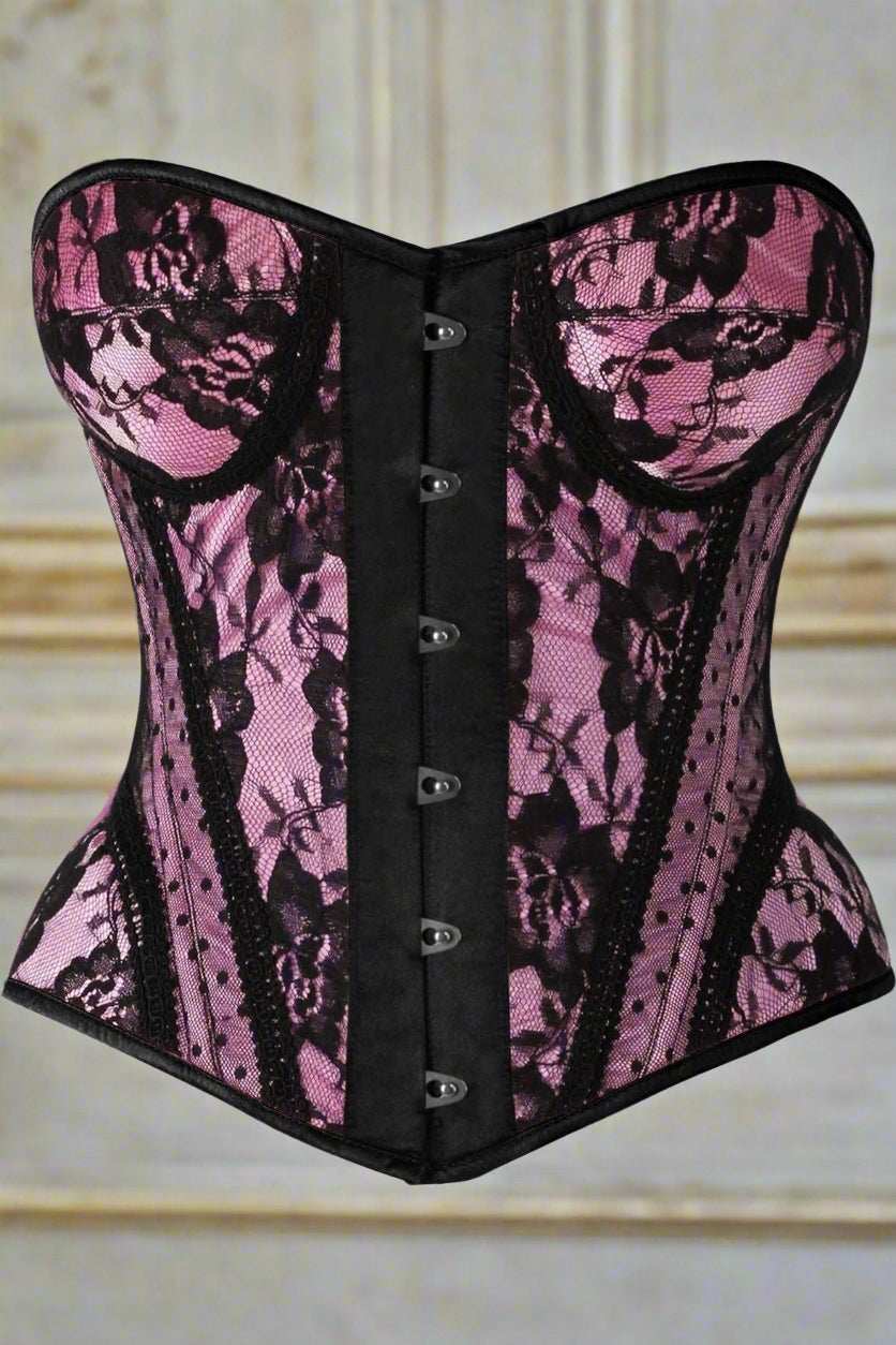 Pink with Black Lace Steel Boned Underwire Bustier
