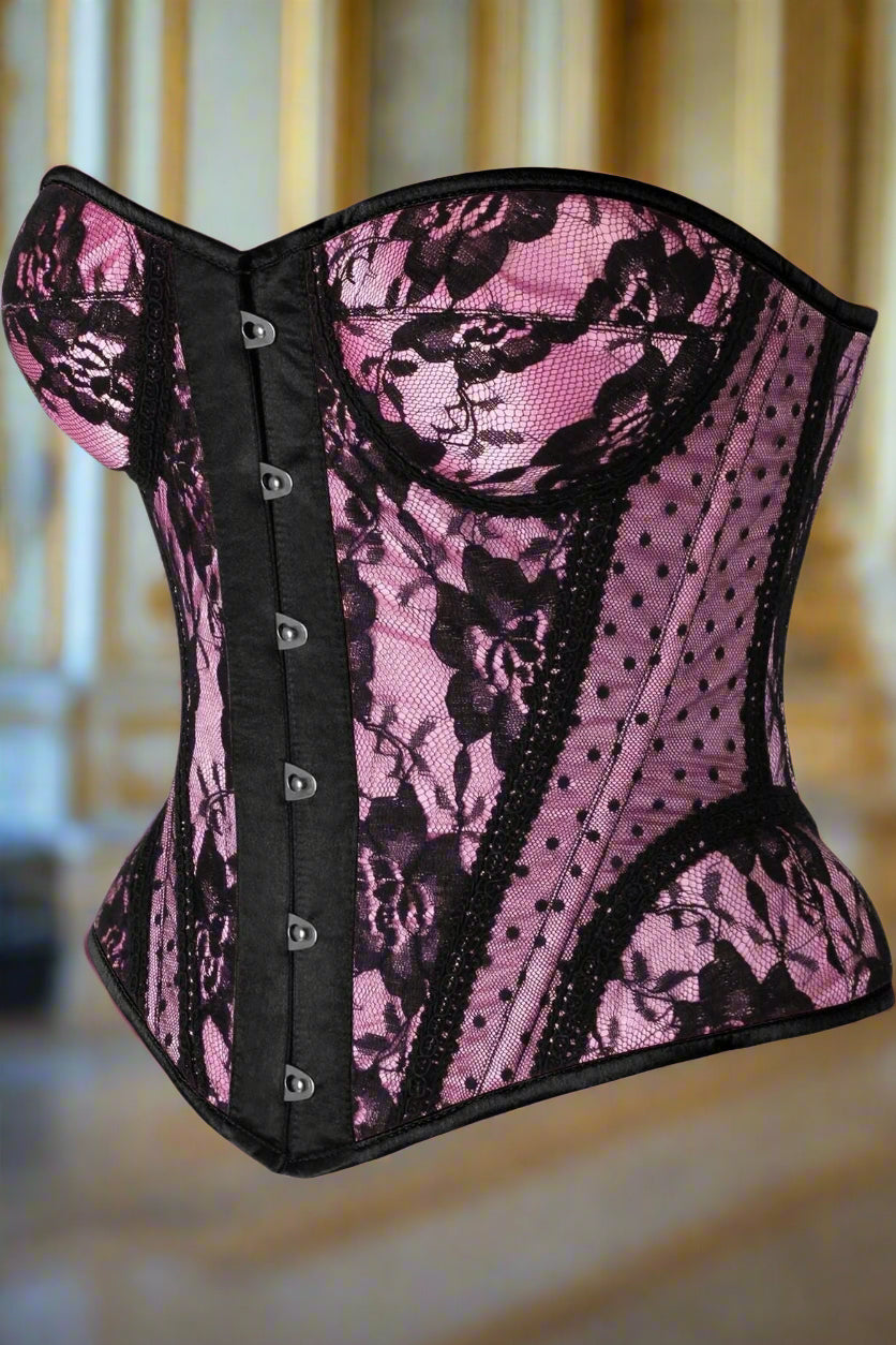 Pink with Black Lace Steel Boned Underwire Bustier