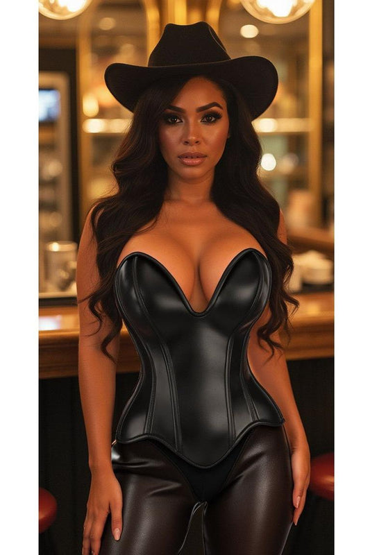 Steel Boned Black Faux Leather Plunge Neckline Over Bust Corset