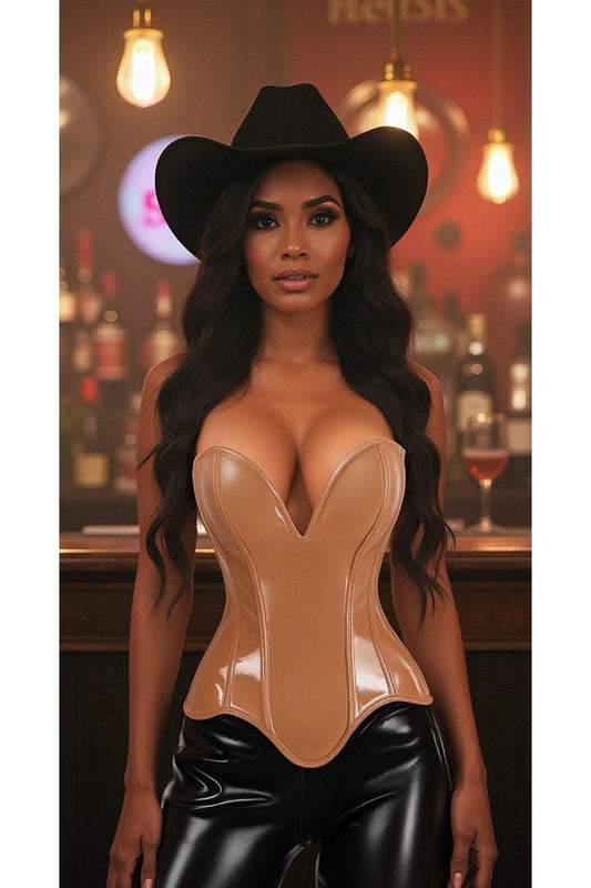 Steel Boned Caramel Faux Leather Plunge Neckline Over Bust Corset