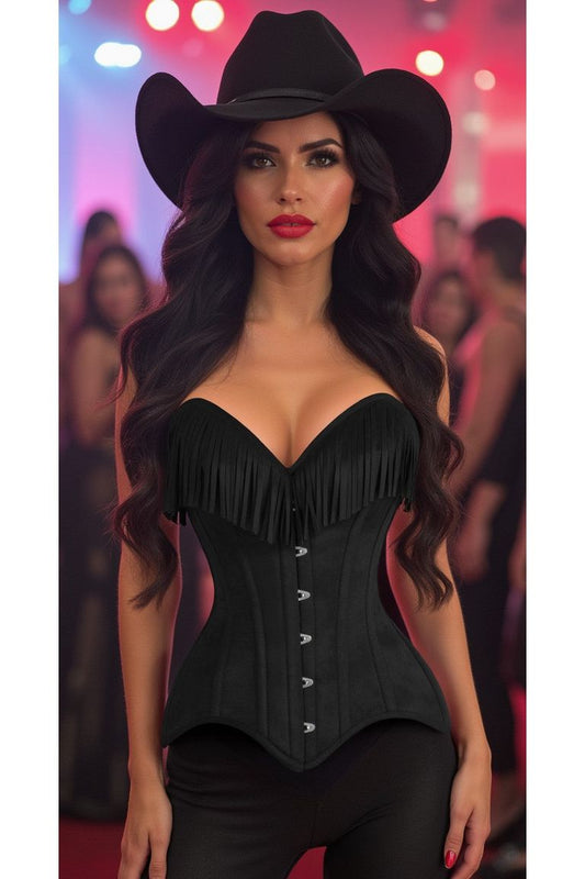 Black Suede Steel Boned Over Bust Corset with Fringe