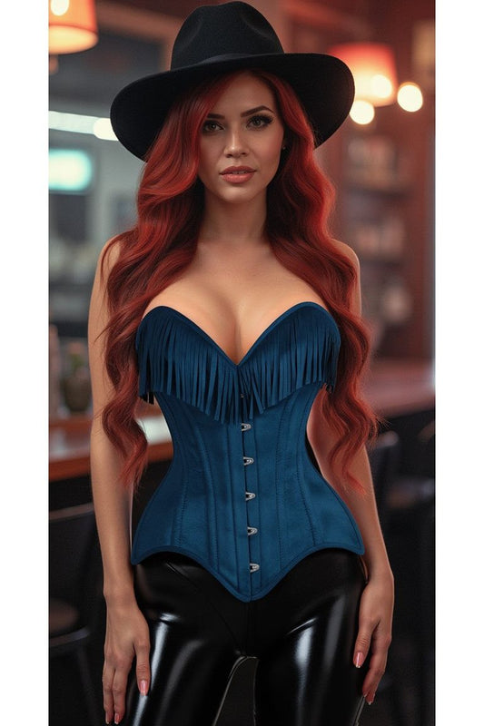 Blue Suede Steel Boned Over Bust Corset with Fringe