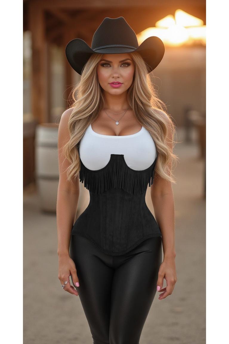 Steel Boned Black Suede Underwire Underbust Corset Cincher with Fringe