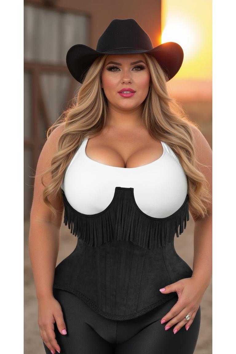 Steel Boned Black Suede Underwire Underbust Corset Cincher with Fringe