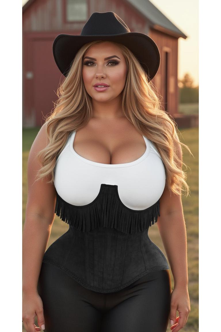 Steel Boned Black Suede Underwire Underbust Corset Cincher with Fringe