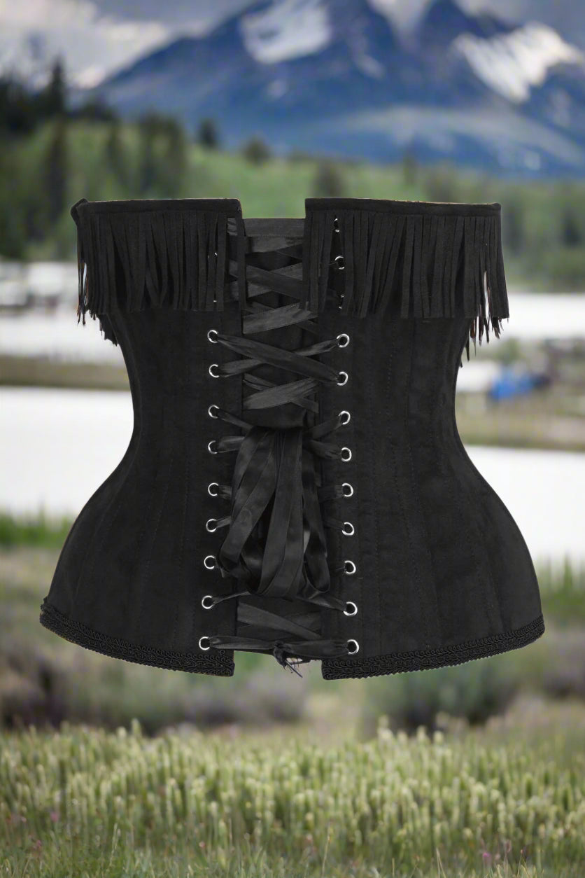 Steel Boned Black Suede Underwire Underbust Corset Cincher with Fringe