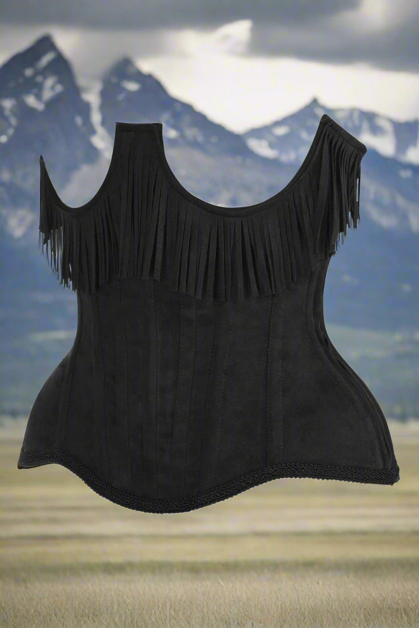 Steel Boned Black Suede Underwire Underbust Corset Cincher with Fringe