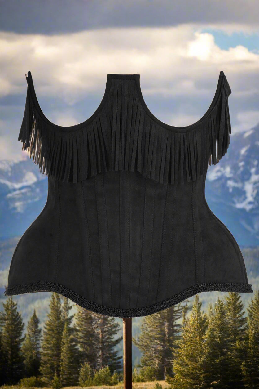 Steel Boned Black Suede Underwire Underbust Corset Cincher with Fringe